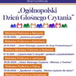 Biblioteka i Ośrodek Animacji Kultury Gminy Budzów zaprasza Wszystkie Dzieci do współnego czytania podczas Akcji Czytelniczej Ogólnopolski Dzień Głośnego Czytania. Biblioteka Publiczna w Baczynie 25.09.2024r. „Jesienne poczytajki”. Biblioteka Publiczna w Bieńkówce 26.09.2024r. „Dzień Głośnego Czytania dla grup Przedszkolnych”. Gminna Biblioteka Publiczna w Budzowie 01.10.2024r. „Czytanie oda Ci skrzydeł” - spotkanie z przedszkolakami. Biblioteka Publiczna w Jachówce 28.09.2024r. „Dzień Głośnego Czytania - Wiersze J.Tuwima”. Biblioteka Publiczna w Palczy 30.09.2024r. „Spotkanie z książką - Głośne czytanie dla dzieci” . Biblioteka Publiczna w Zachełmnej 30.09-01.10.2024r. „Spotkanie z książką i biblioteką dla Przedszkolaków i Uczniów Szkoły Podstawowej w Zachełmnej. Po więcej szczegółów dotyczących Akcji Czytelniczych zapraszamy do Bibliotek Publicznych Gminy Budzów.