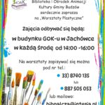 Biblioteka i Ośrodek Animacji Kultury serdecznie zaprasza na Warsztaty Plastyczne. Zajęcia odbywać się będą w Goku w Jachówce w każdą środę od 14:00-16:00. Zapisy pod nr tel 338740135 lub mailowo bibpalcza@interia.pl