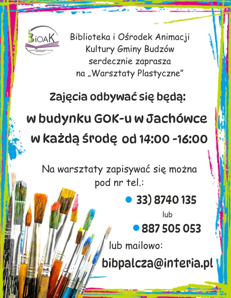 Biblioteka i Ośrodek Animacji Kultury serdecznie zaprasza na Warsztaty Plastyczne. Zajęcia odbywać się będą w Goku w Jachówce w każdą środę od 14:00-16:00. Zapisy pod nr tel 338740135 lub mailowo bibpalcza@interia.pl