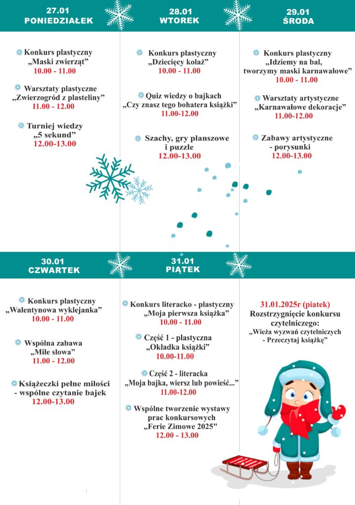 FERIE ZIMOWE 2025 W BIBLIOTECE PUBLICZNEJ W PALCZY