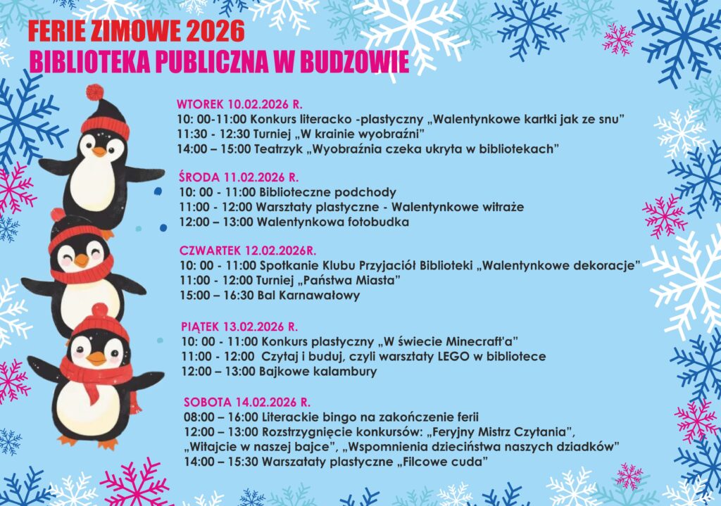 FERIE ZIMOWE 2026 W BIBLIOTECE PUBLICZNEJ W BUDZOWIE