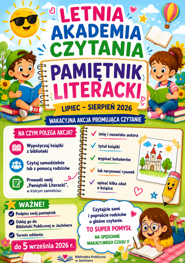 Letnia Akademia Czytania. Pamiętnik Literacki. Lipiec – sierpień 2026. Wakacyjna akcja promująca czytanie. Na czym polega akcja? Wypożyczaj książki z biblioteki. Czytaj samodzielnie lub z pomocą rodziców. Prowadź swój Pamiętnik Literacki, w którym zamieścisz: imię i nazwisko autora, tytuł książki, wypisać bohaterów lub narysować rysunek, opisać kilka zdań o książce. Ważne! Podpisz swój pamiętnik, oddaj go do Biblioteki Publicznej w Jachówce. Termin oddania: do 5 września 2026 r. Czytajcie sami i proście rodziców o głośne czytanie. To super pomysł. Na spędzanie wakacyjnego czasu!!