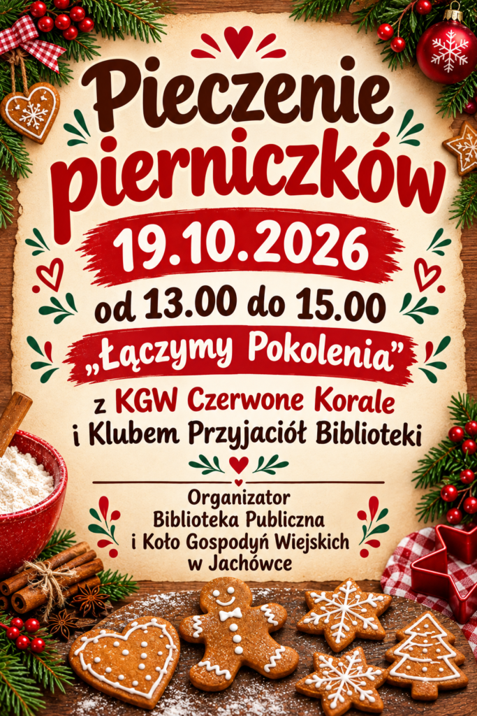 Pieczenie pierniczków 19 października 2026 r. od 13.00 do 15.00. Łączymy pokolenia  z KGW w Jachówce i Klubem Przyjaciół Biblioteki. Organizator: Biblioteka Publiczna w Jachówce i Koło Gospodyń Wiejskich w Jachówce 